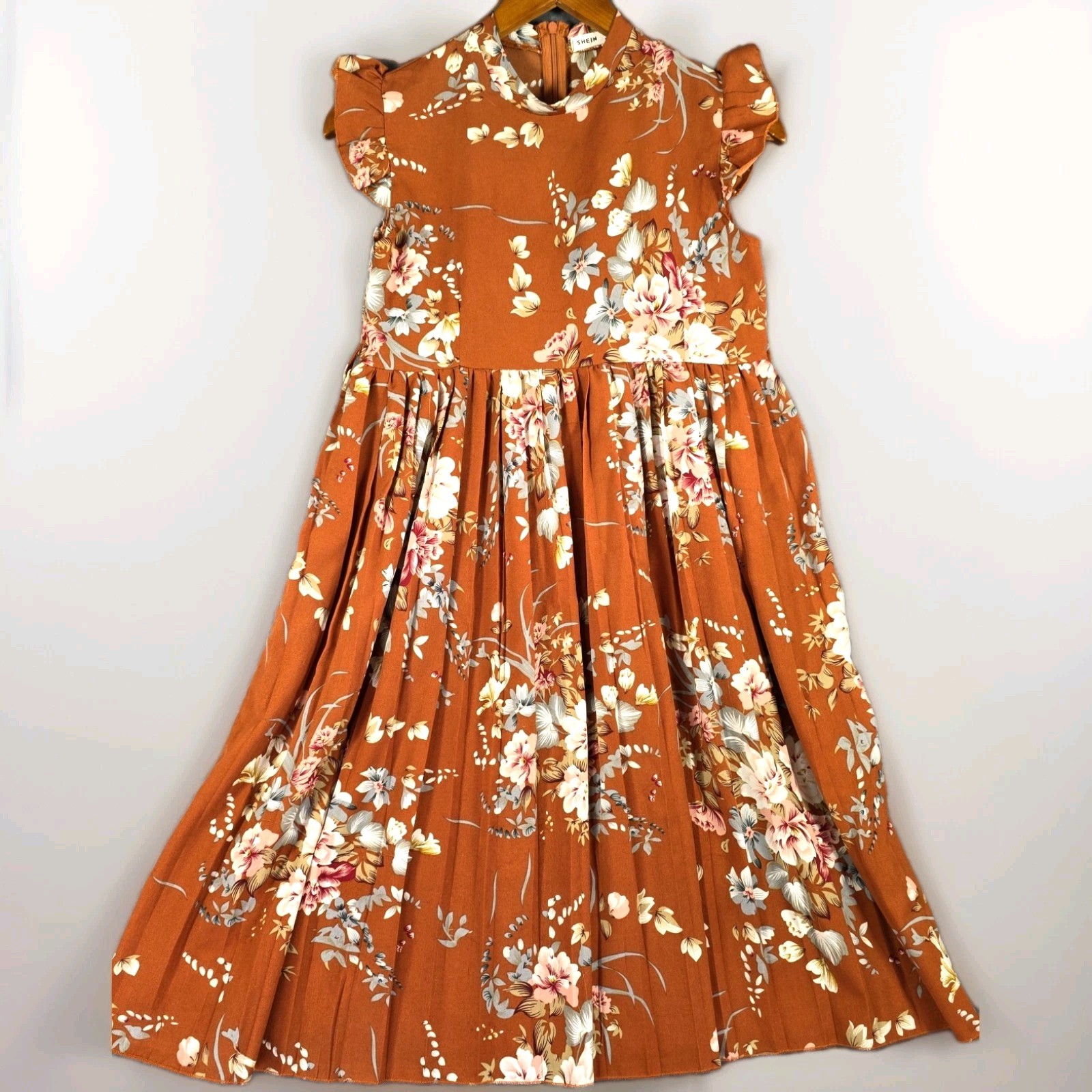 Floral Women’s Dress Burnt Orange Fit & Flare High Waist Ruffle Cap Sleeve Sz Sm
