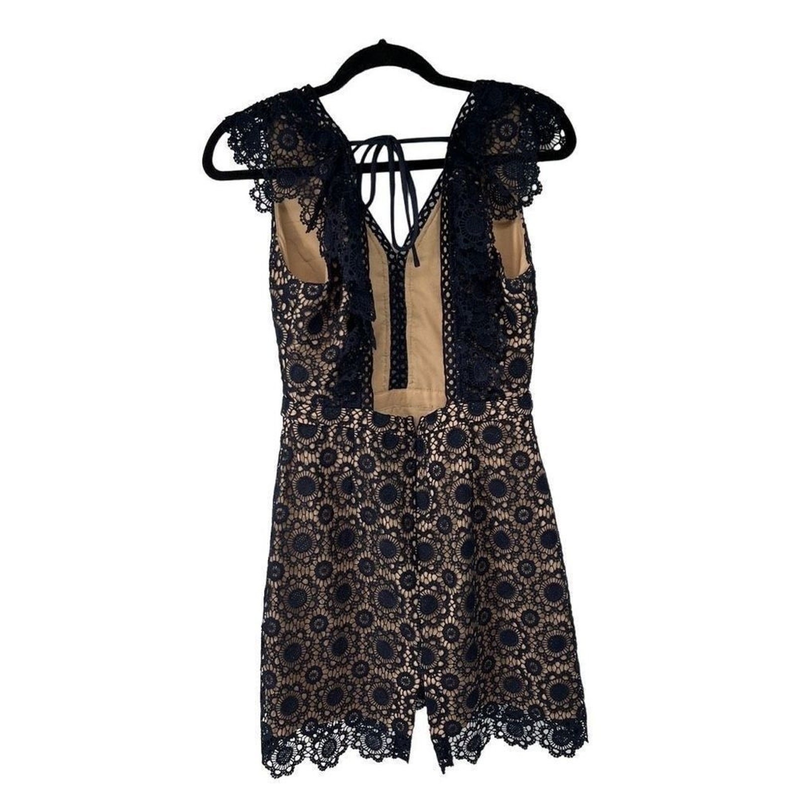 J.O.A. Navy Blue Tan Crochet‎ Lace Open Back Dress Womens M