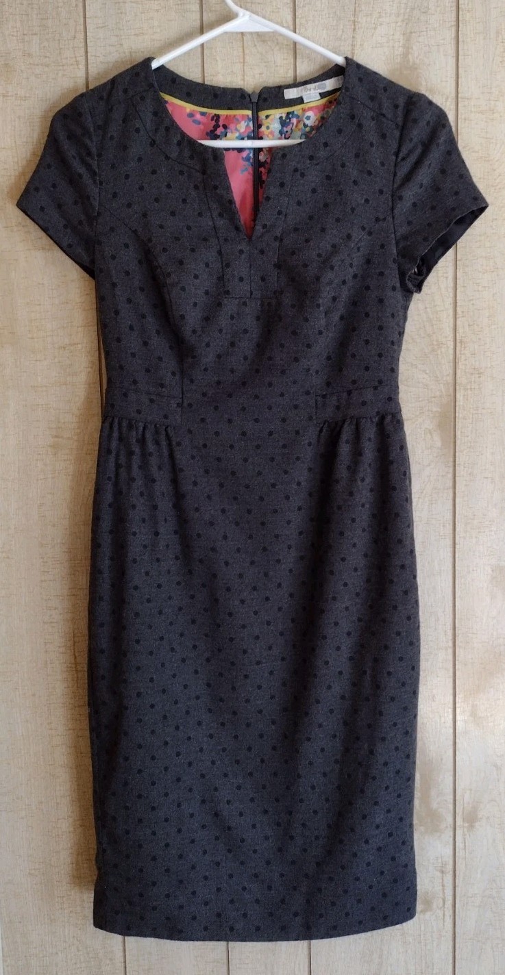 Boden Wool Blend Polka Dot Floral Lined Tulip Split Neck Cap Sleeve Dress Grey 4