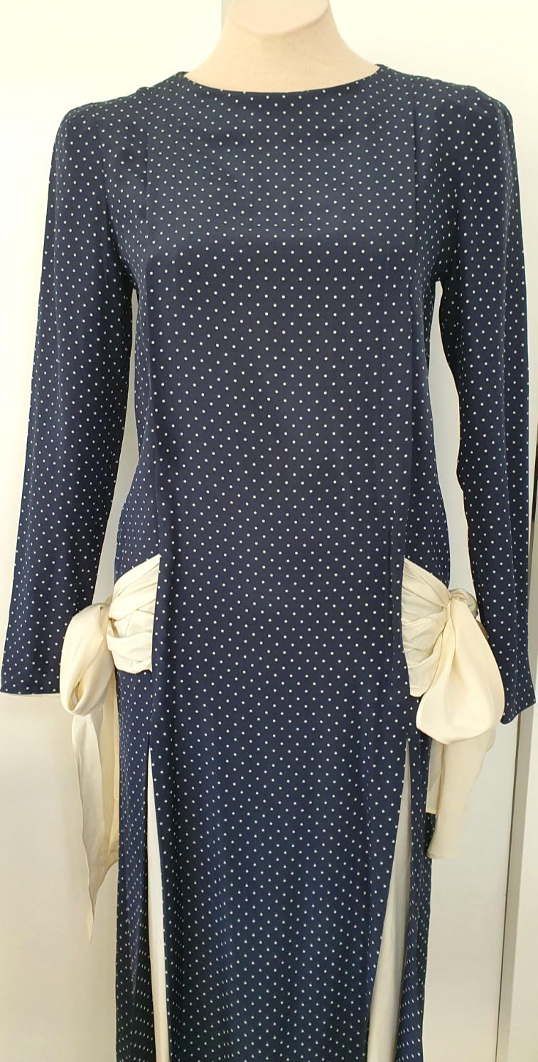 EMANUEL 100% Silk Midi Dress – UK 10 – Navy/Cream Pinspot – Excellent Condition