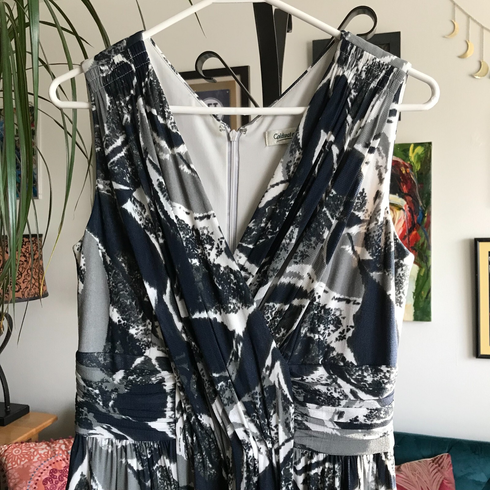 COLDWATER CREEK size 6 Gray Cream & Navy Blue Print Mesh Fit & Flare Dress
