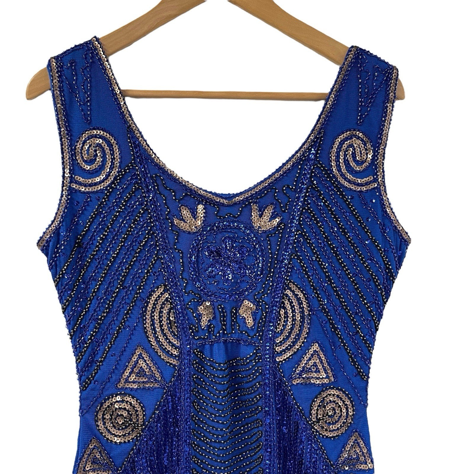 Royal Blue Beaded Sequin Fringe Mini Dress S Unique Vintage Ornate Gatsby