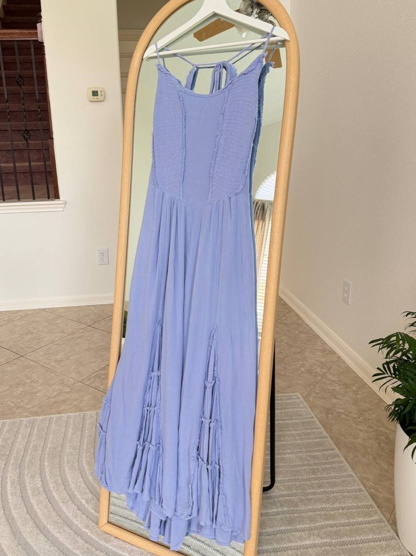 Free People Blue Open Back Smocked Maxi Dress Size M Boho Raw Edge Pockets