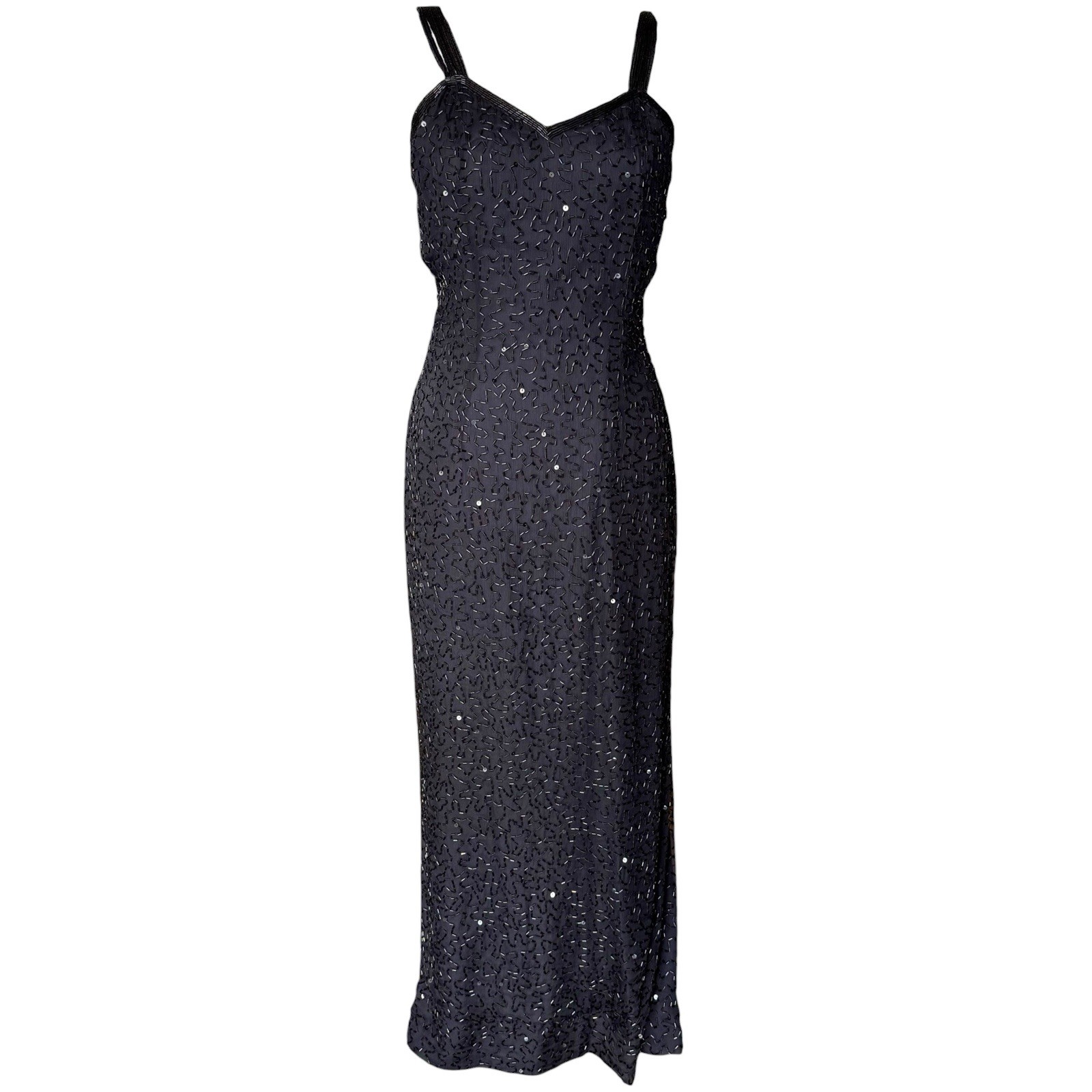 Vintage Scala 100% Silk Black Beaded Evening Gown Strappy Tank Bodycon Dress M