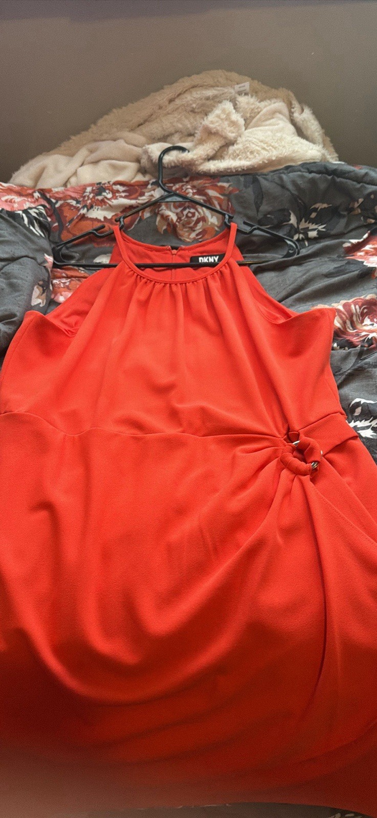 DKNY RED Orange Sheath Knee-Length Sleeveless Round Neck Chiffon Zip Dress