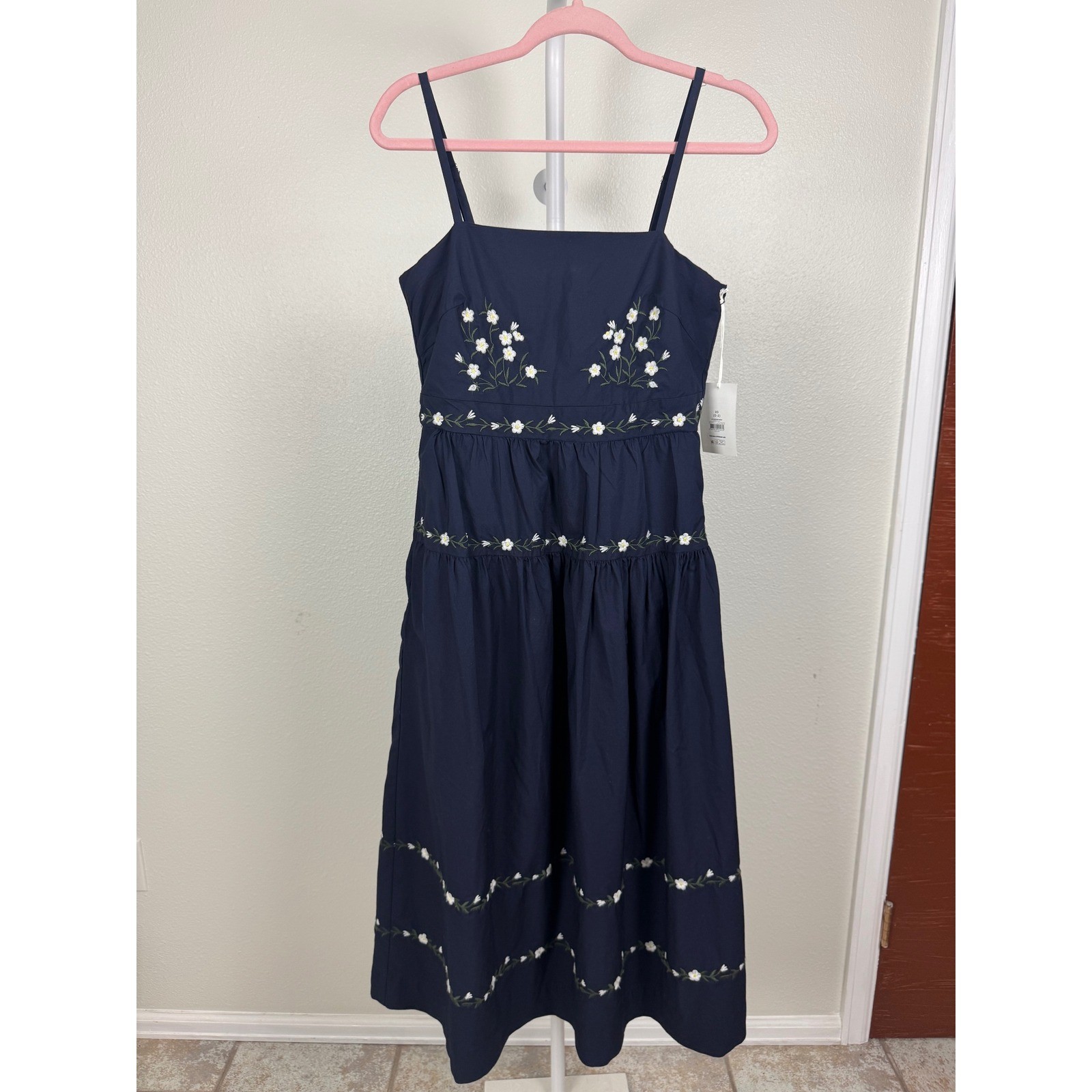 Free Assembly Womens Darkest Navy Floral Embroidered Cotton Midi Dress Boho