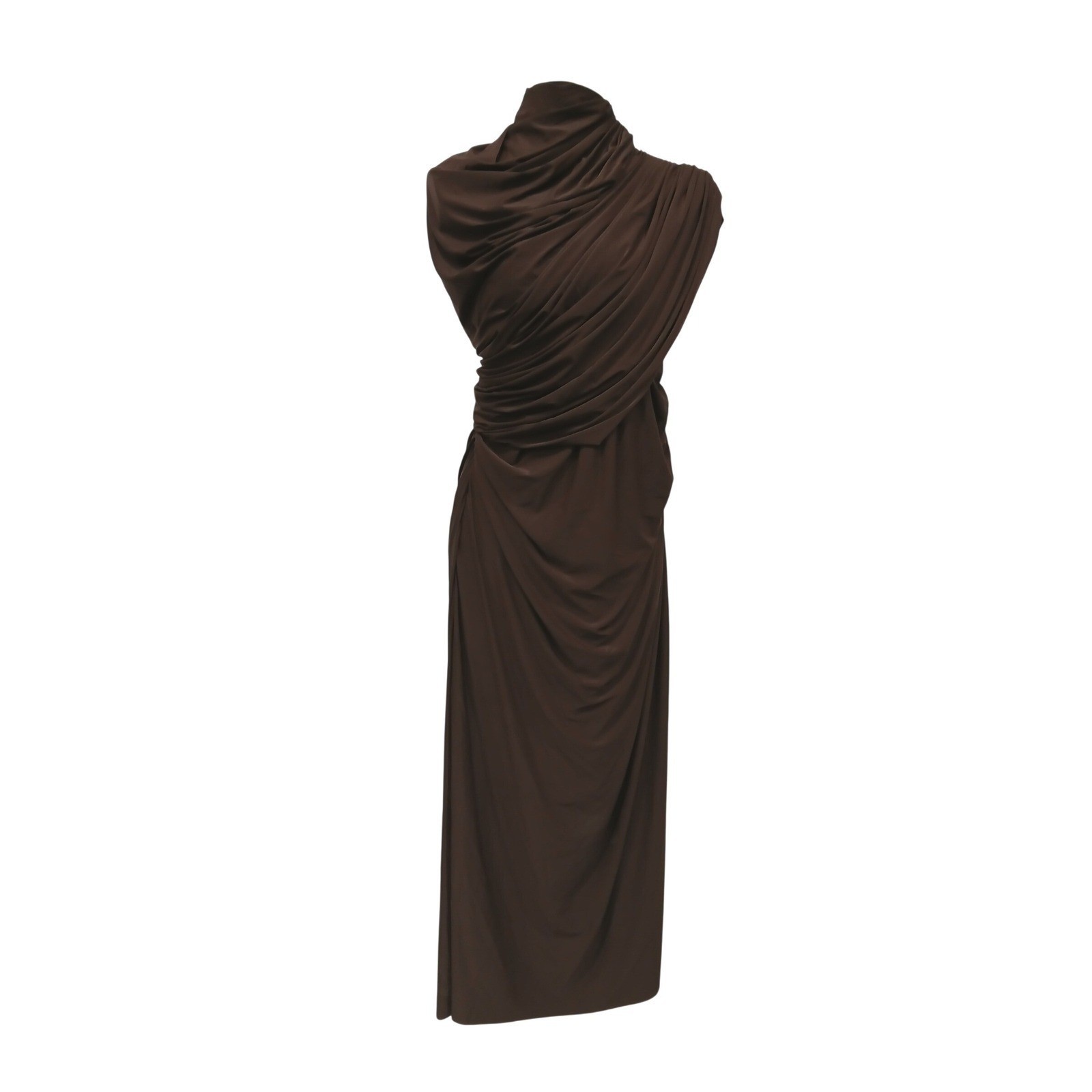 Deme by Gabriella Violet Dress Espresso Brown Draped Cape Maxi Gown Large NEW