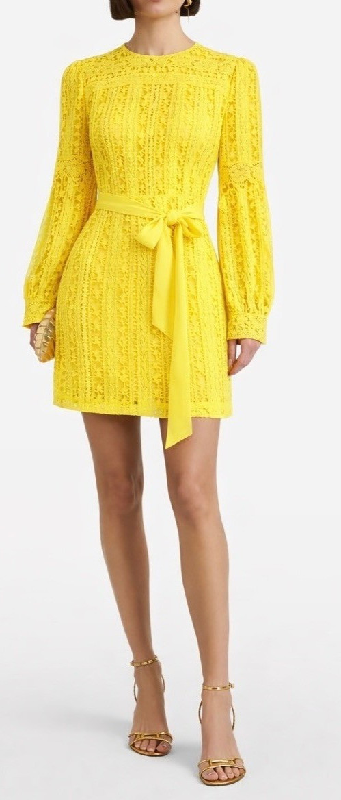 Lenon Yellow Lace High Neck Long Sleeve Mini Dress with Tie Waist Belt XXS(0-2)