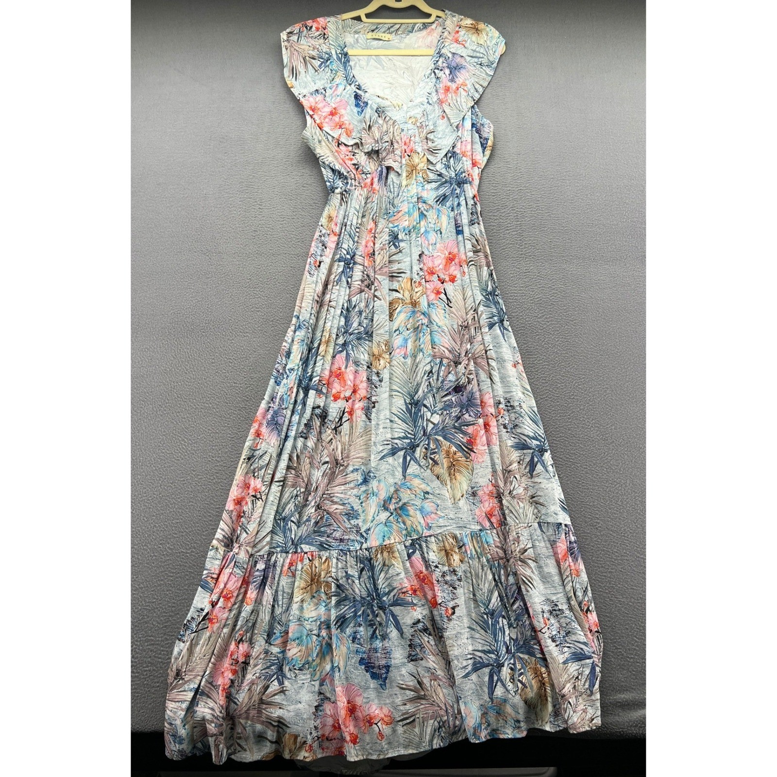 Stark X Dress Sz M Tropical Floral Ruffle V-Neck Tiered Maxi Blue Sleeveless