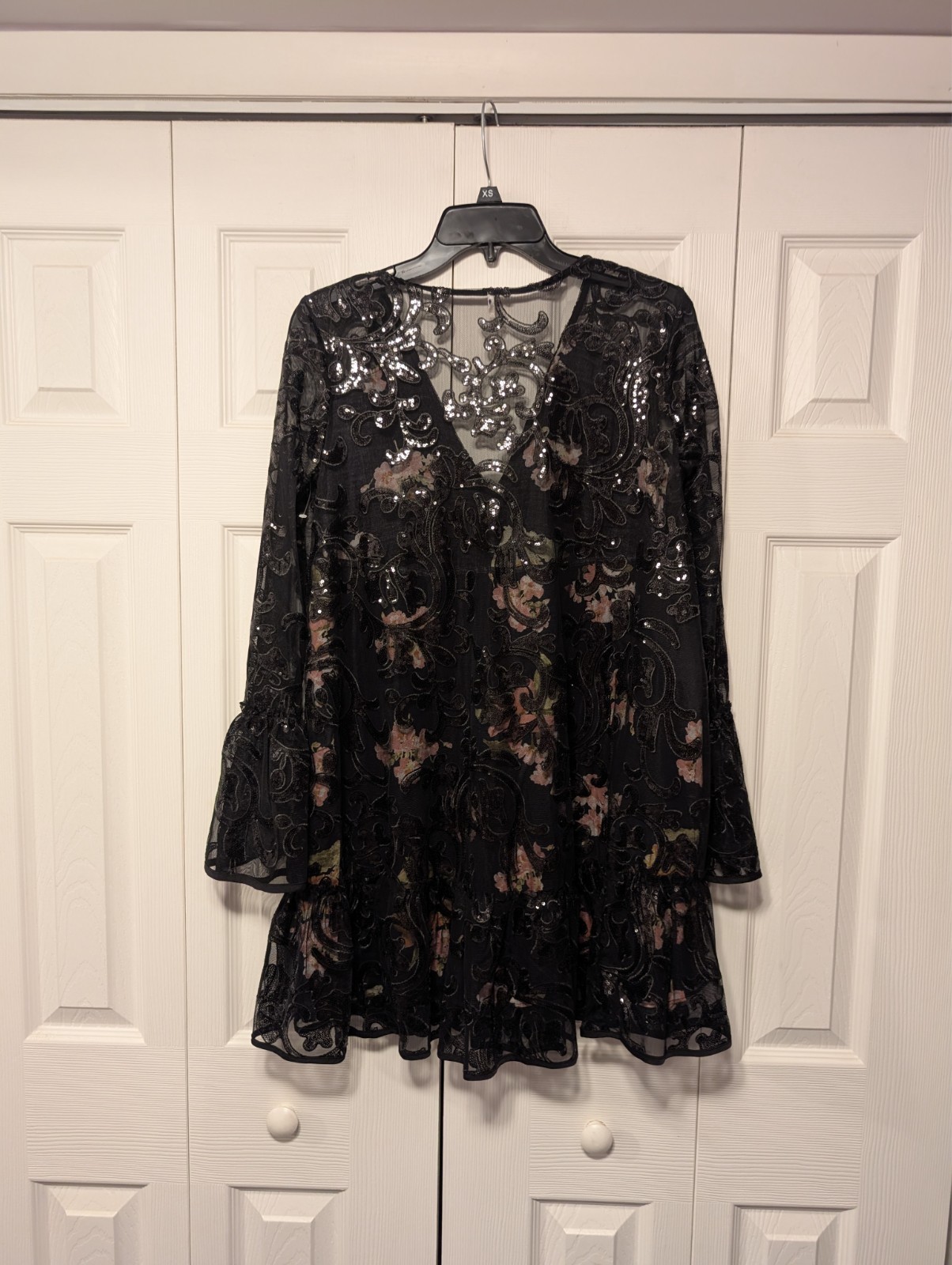 Authentic Free People Falling Flowers Frock Mini Dress Pink Black Sequins