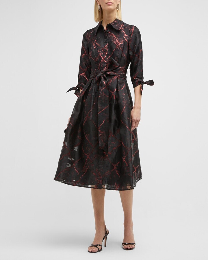 Teri Jon Pleated Metallic Jacquard Midi Shirtdress (size 20)