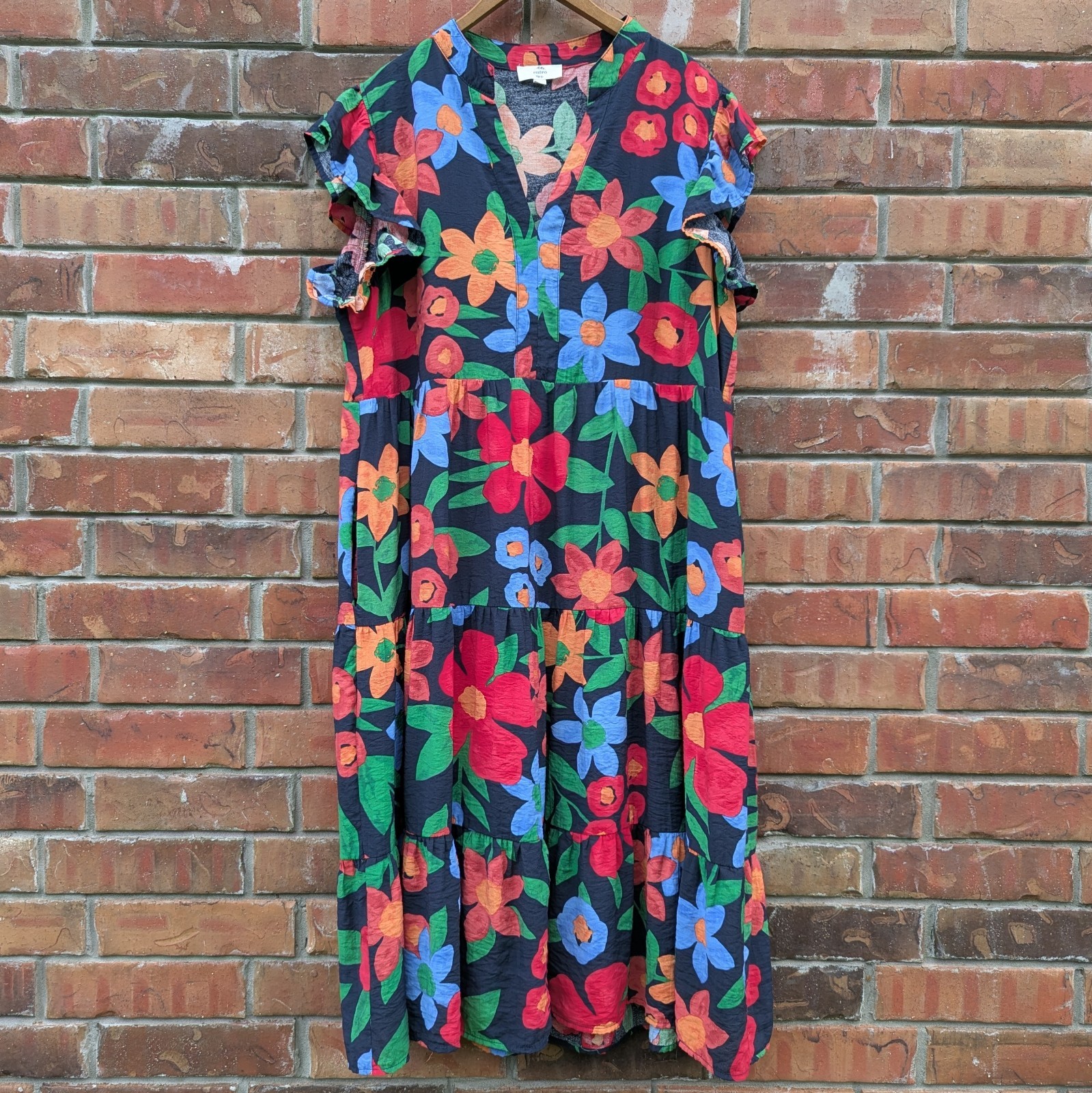 Entro Red Orange Blue Navy Dark Floral Vibrant Colorful Midi Tiered Dress Sz XL