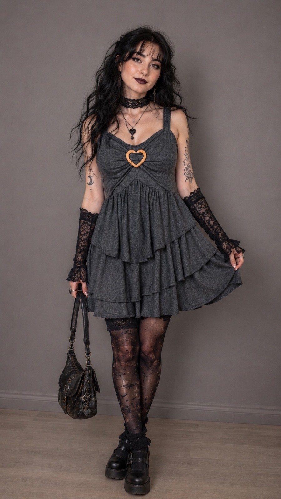 Grey Layered Ruffle Tunic Dress UK 12 Heart Buckle Y2K Coquette Festival Top