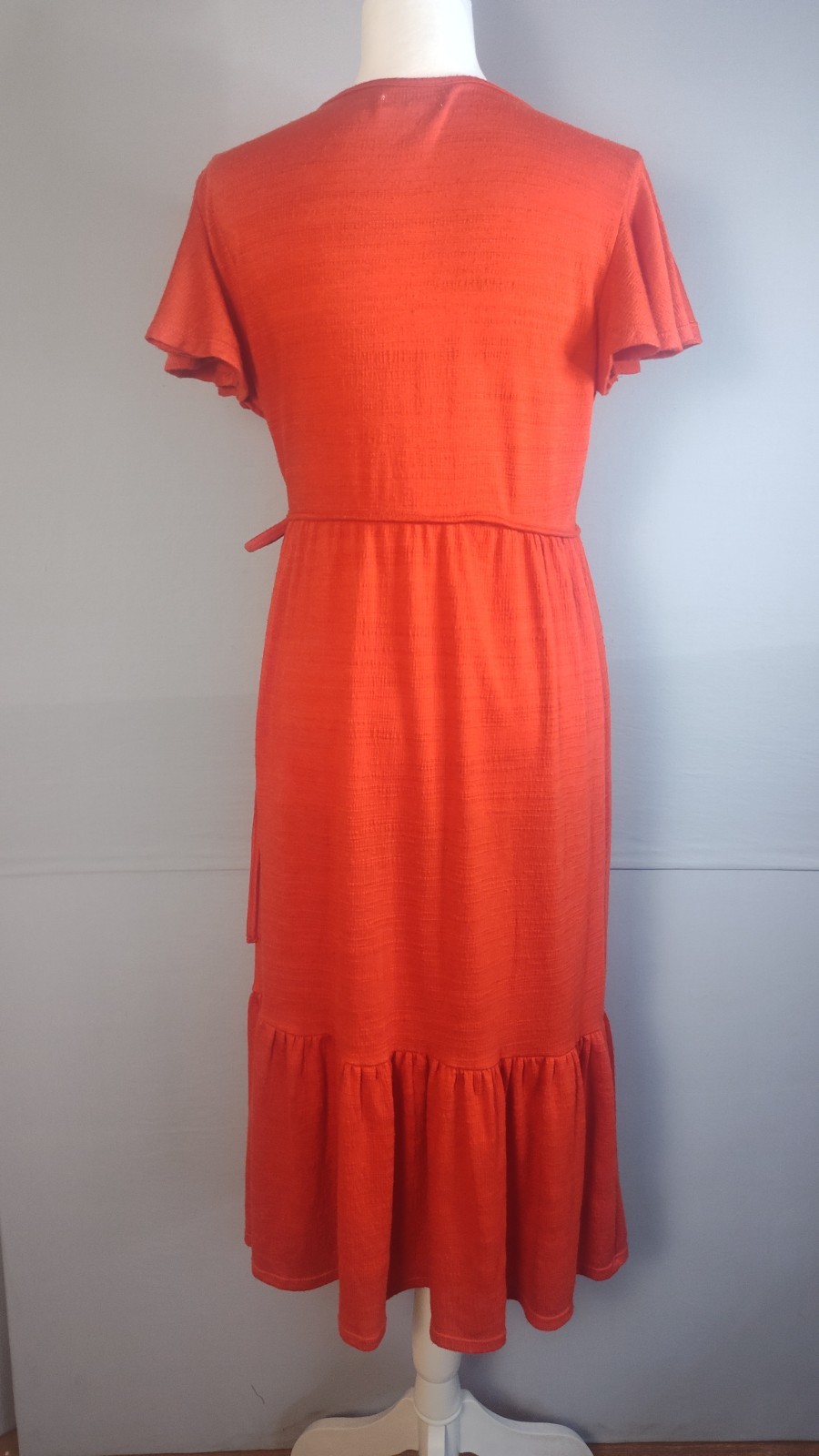 Orange Textured Knit Short Sleeve Wrap Midi Dress with Ruffle Hem Small