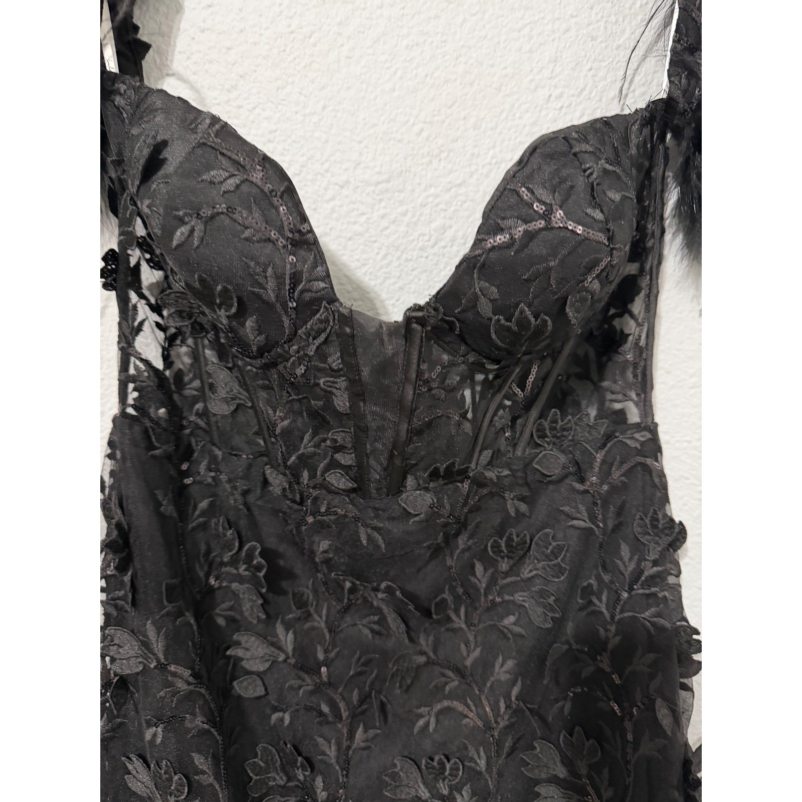 Goth Corset Mini Dress XL Black Sequin Embroidered Feather Off-the-Shoulder Glam