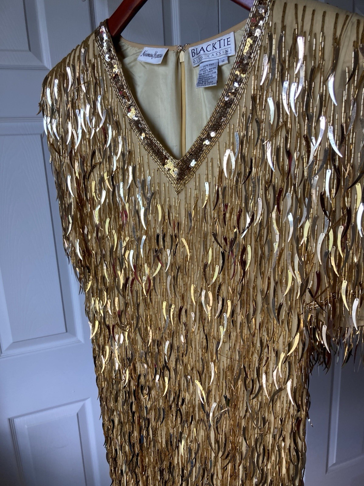 Oleg Cassini Blacktie Gold Sequin Vintage Beaded Dress 10 100% Silk