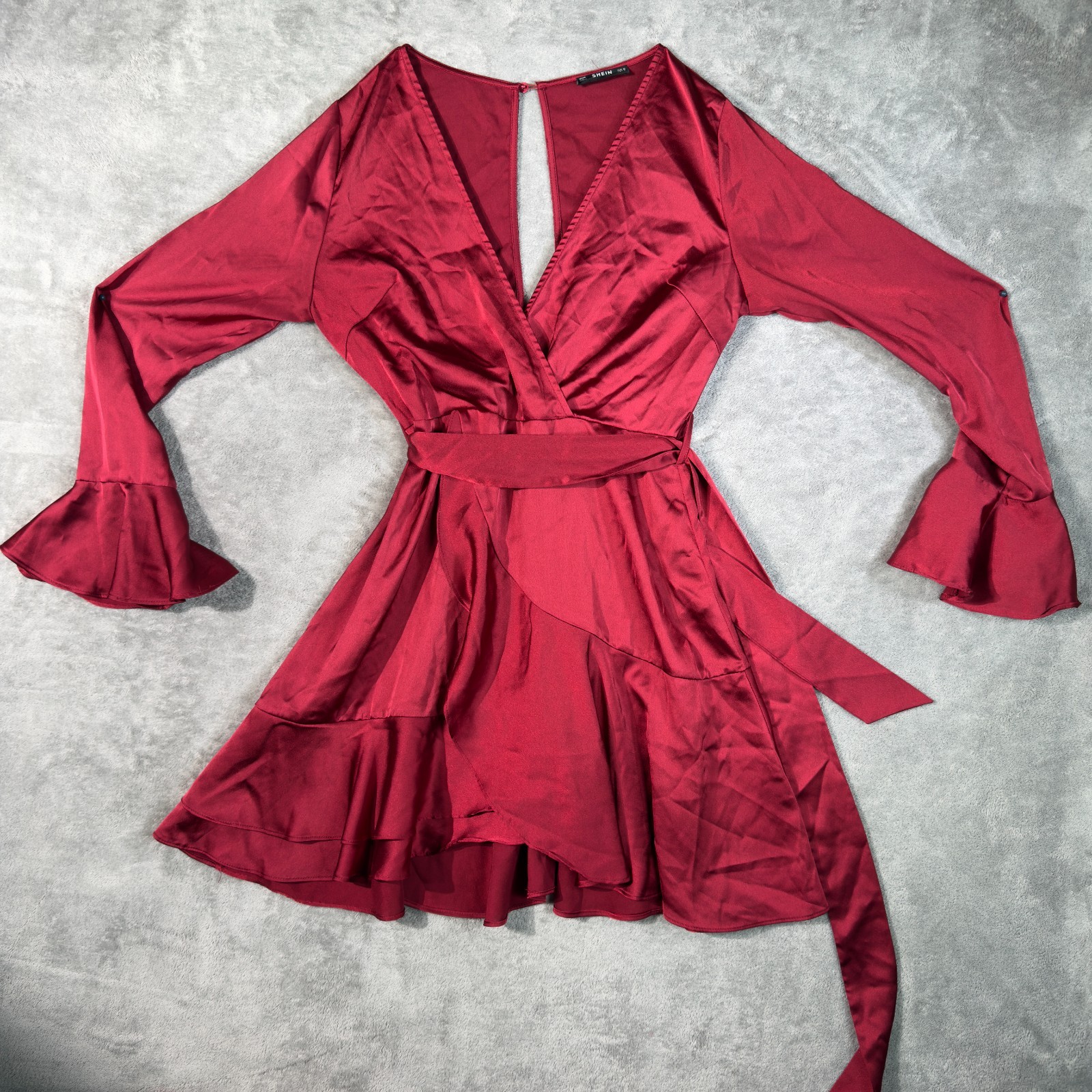 SHEIN Burgundy Wrap Style Mini Dress M Bell Sleeve Ruffle Hem Tie Waist