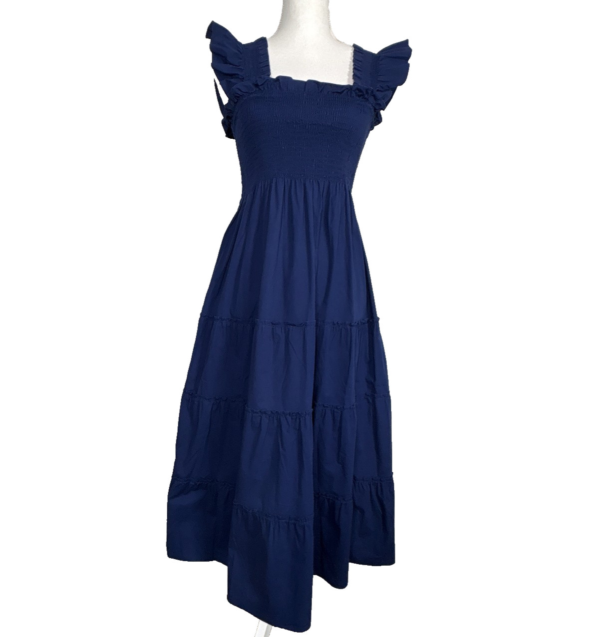 Hill House Ellie Nap Dress Womens XS Blue Ruffle Strap Smocked Tiered Midi Dress