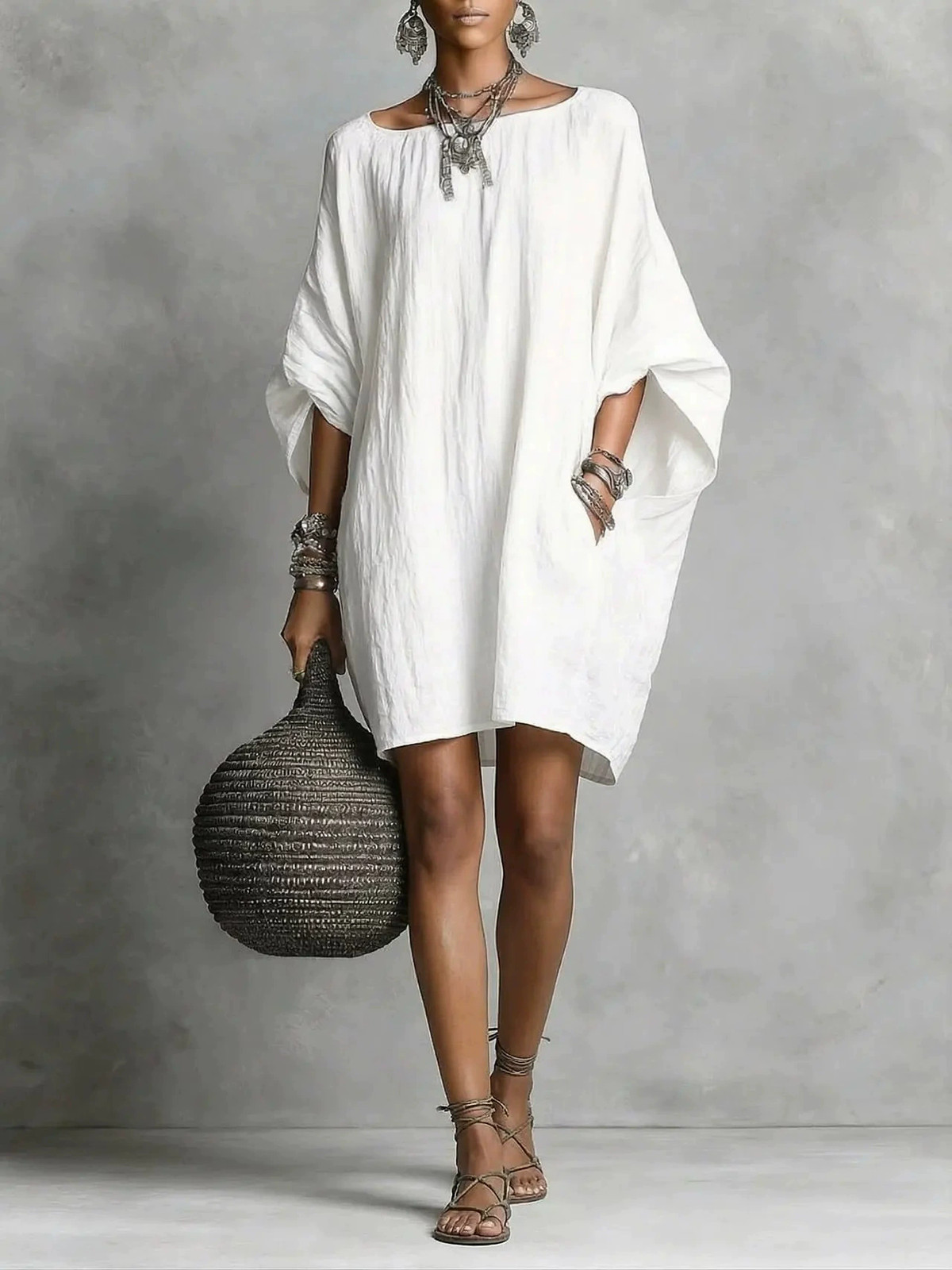 Retro solid color temperament long sleeved off shoulder casual cotton linen dres