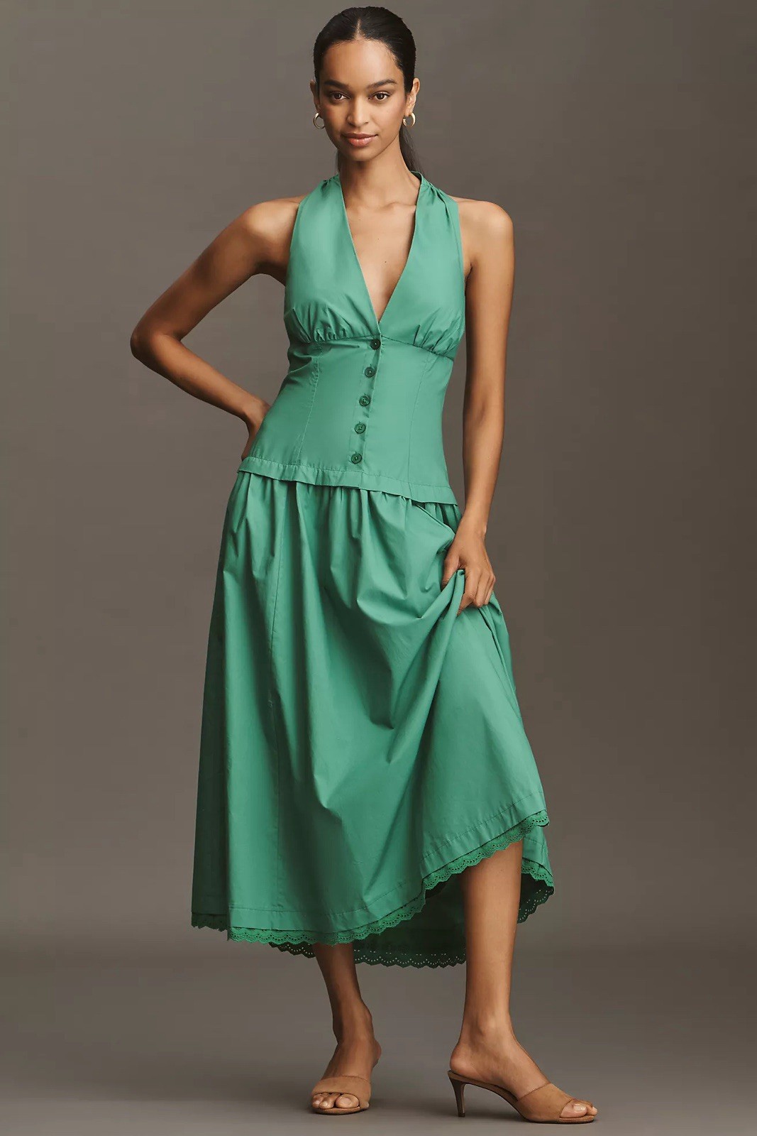 NWT! Anthropologie Maeve Halter V-Neck Drop-Waist Midi Dress Clove/Green Medium