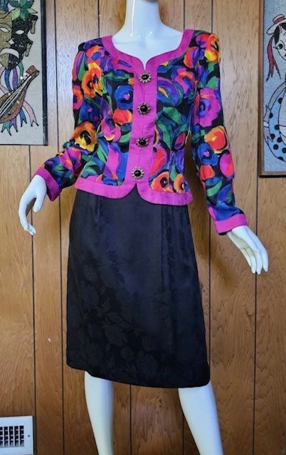 VINTAGE David Warren Dress Womens 12 Bold Floral bright Made USA Back Zip 80s