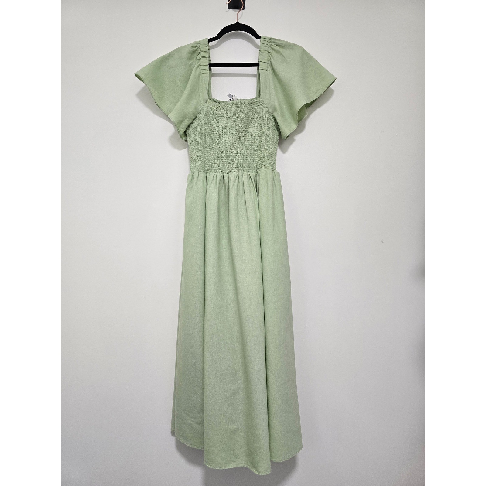 Madewell Linen-Blend Lucie Smocked Midi Dress Size Small Sunfaded Mint MD141