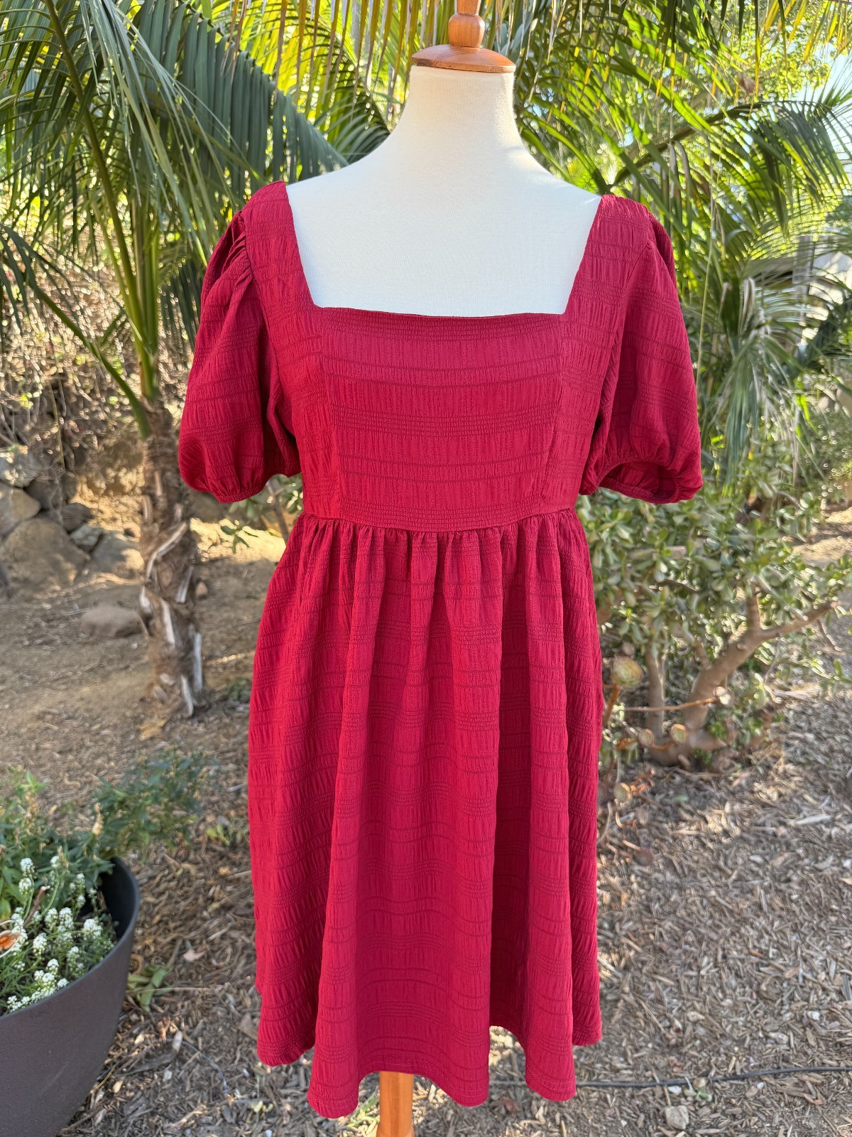 Babydoll Boho Puff Sleeve Smocked Cottagecore Mini Dress Red Size XL Textured