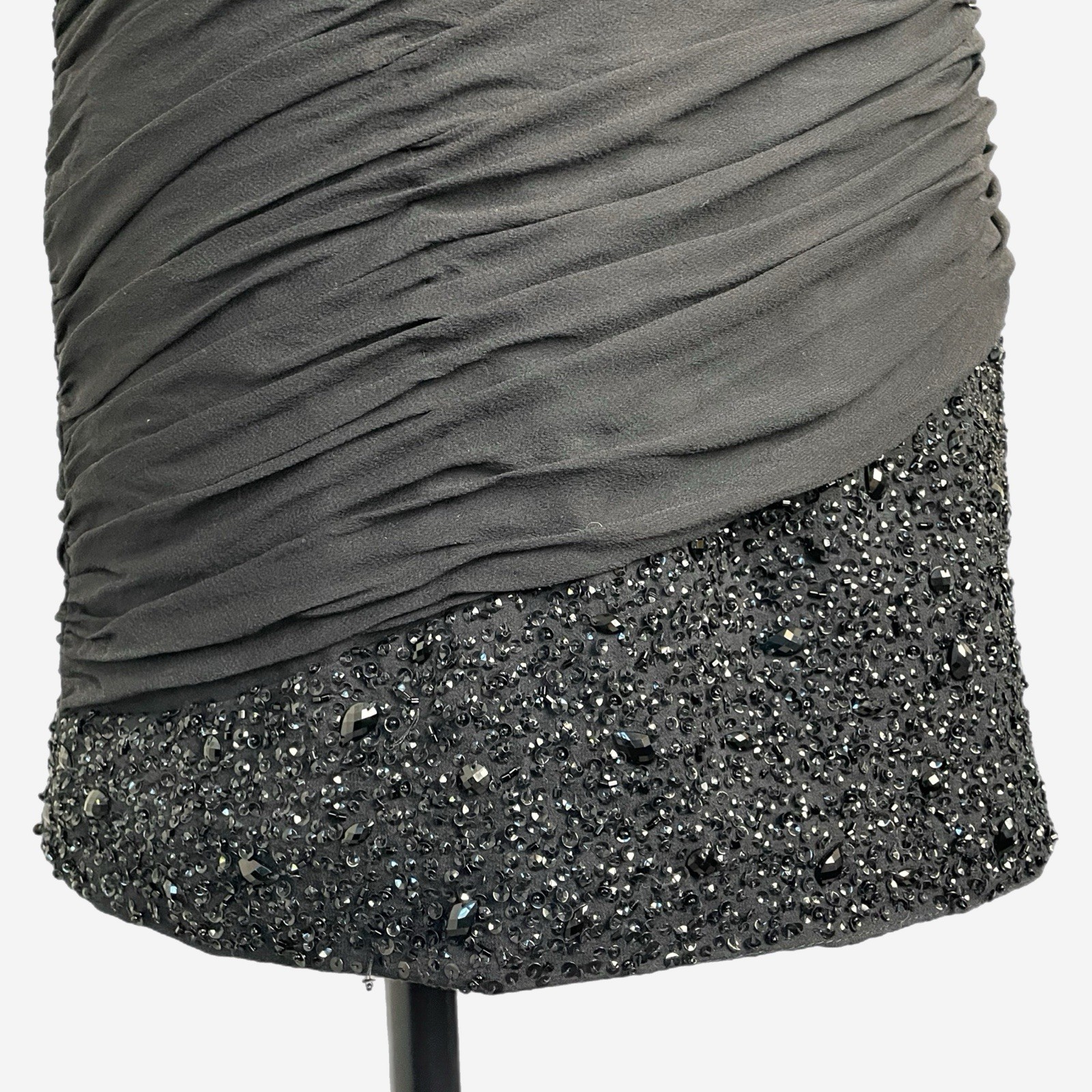 Basix II Black ruched pleated silk sequin beaded strapless mini dress formal S