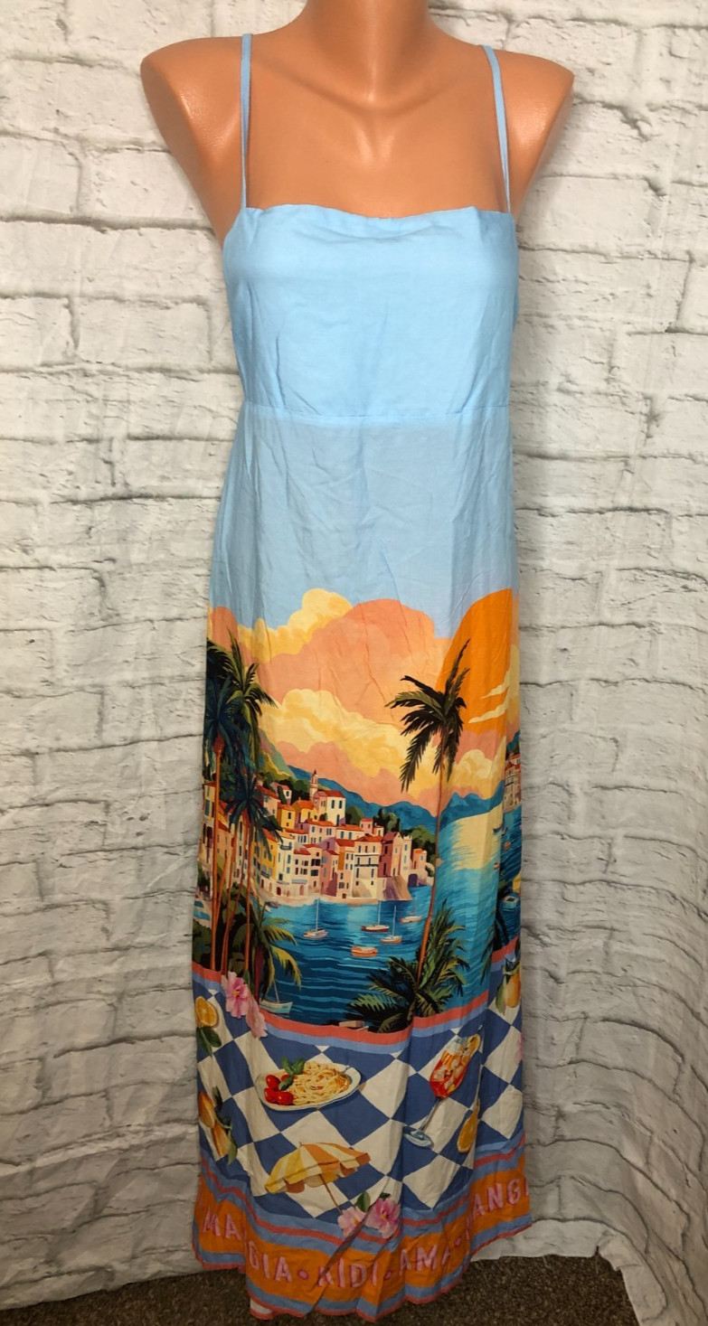 PAPER HEART sexy long summer dress.Large.Sleeveless.Straps.Blue/multi landscape