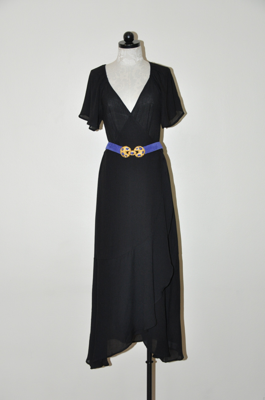 Lush Black Cotton Gauze Sheer Plunging Neckline Long Maxi Wrap Dress LBD Women M