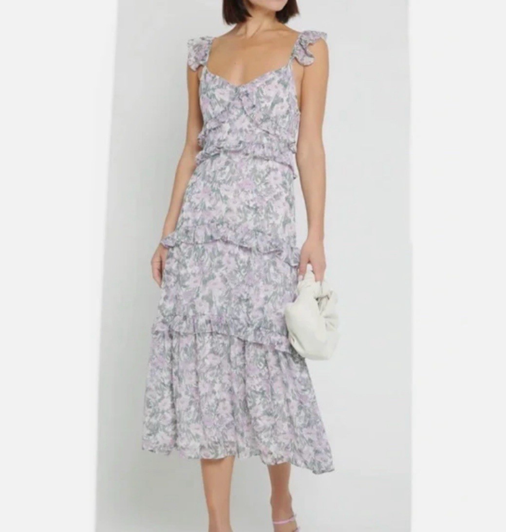 OPT Ingrid Floral Ruffle Midi Dress Size M Tiered Boho Cottagecore Wedding Guest