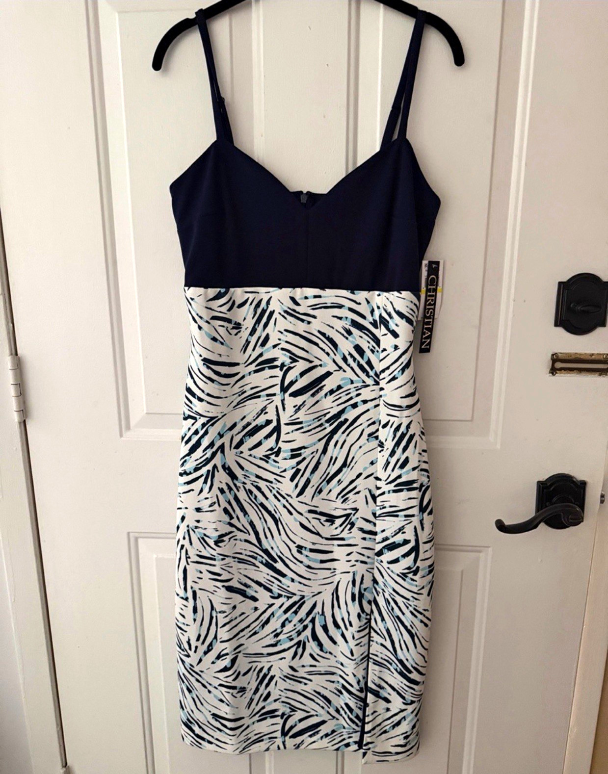 Christian Siriano Abstract Sheath Dress M V-Neck Spaghetti Straps Knee Satin