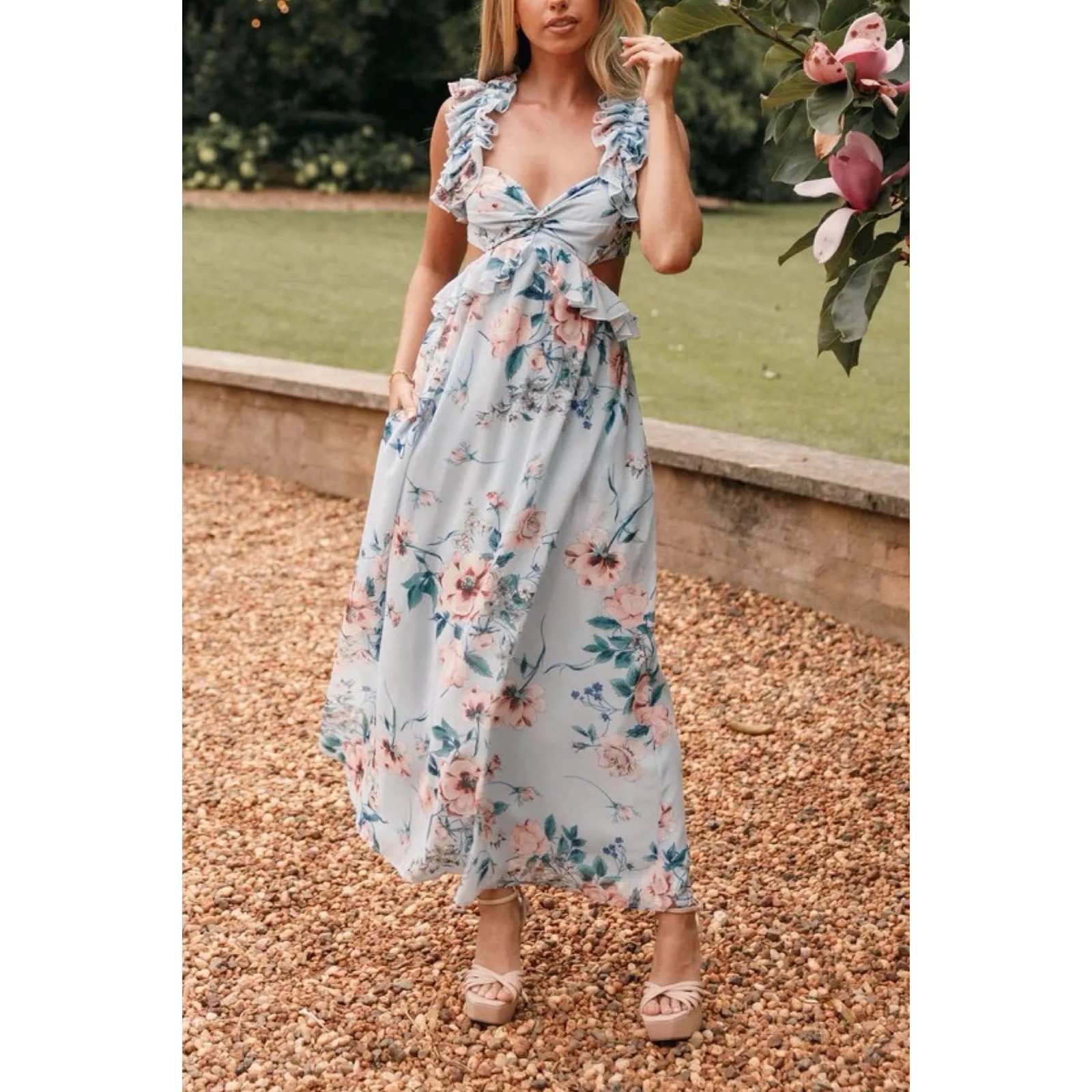 Petal and Pup Lucah Frill Shoulder Maxi Dress Blue Floral Cutout Back Size S
