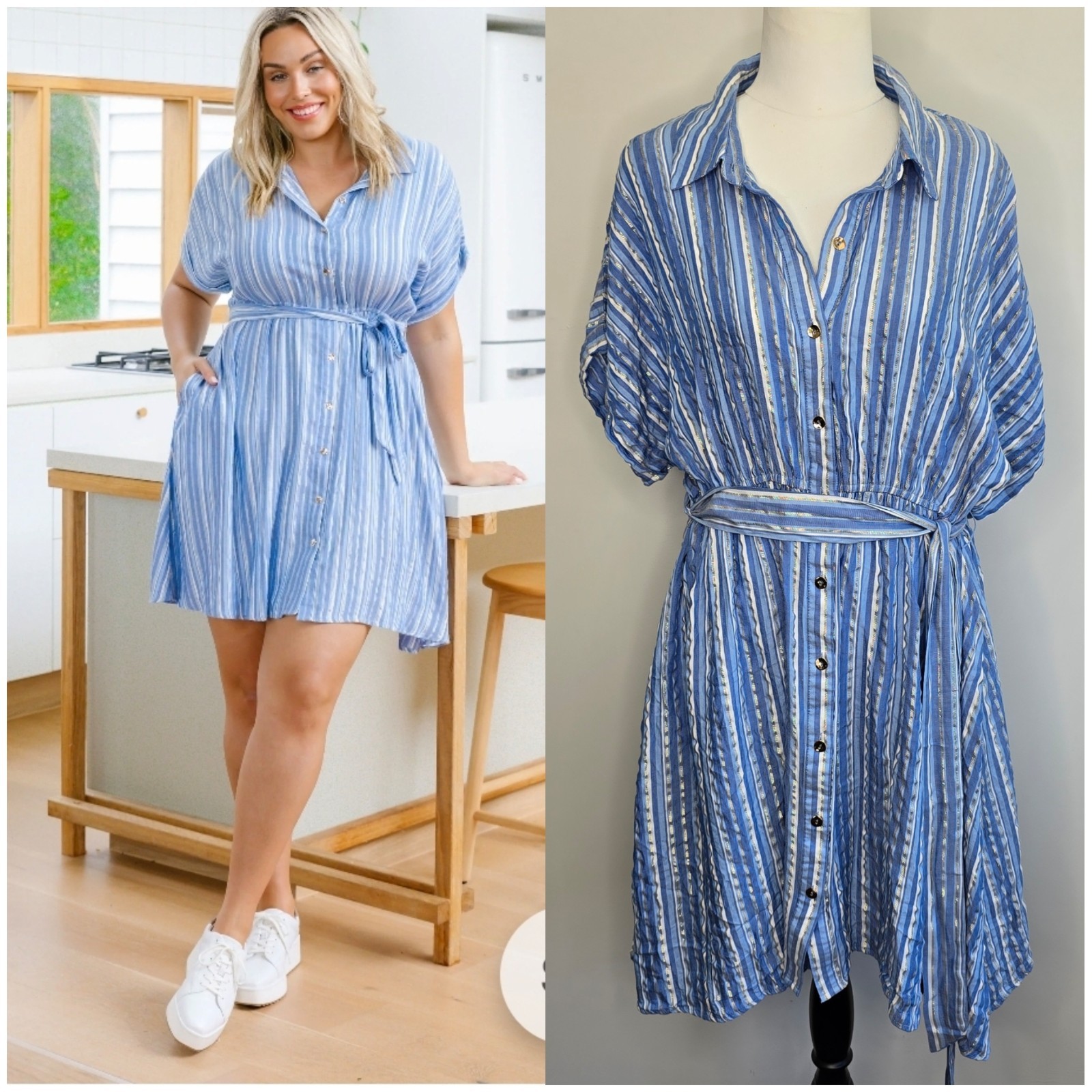 Proud Poppy Dress Size 14 Romy Party Dress in Blue Metallic Stripe