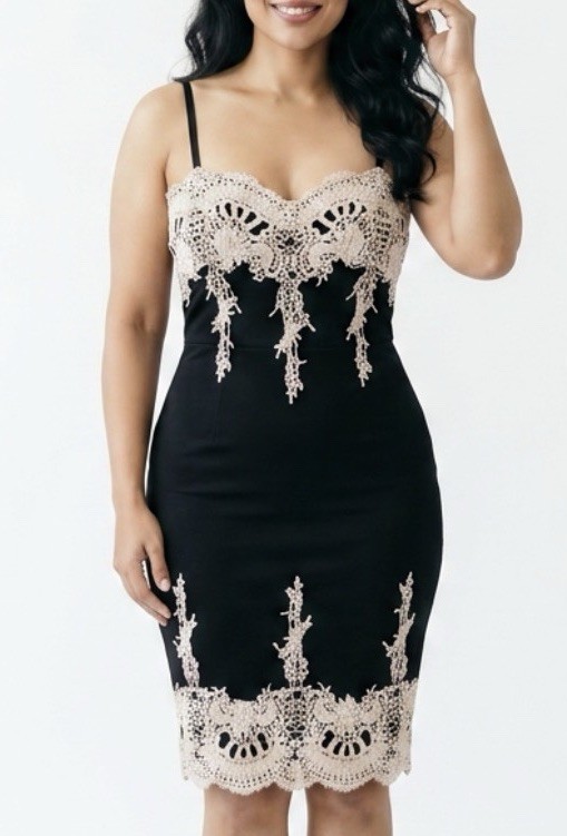 Forever 21+ Black/Nude Sweetheart Bodycon Dress 0X Strappy Lace Trim Zip