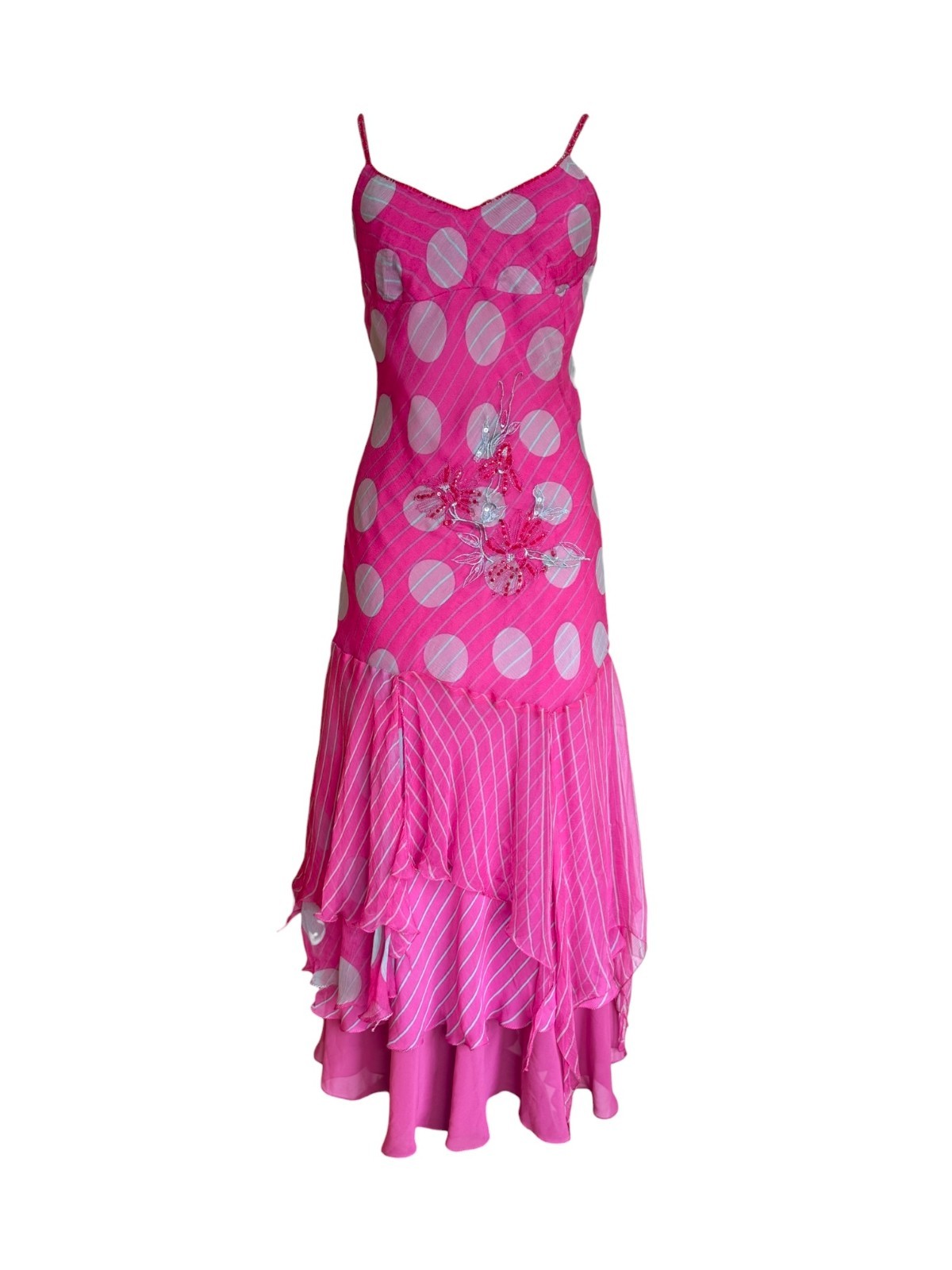 Rene Derhy Pink Grey Polka Floral Sequinned Dress L