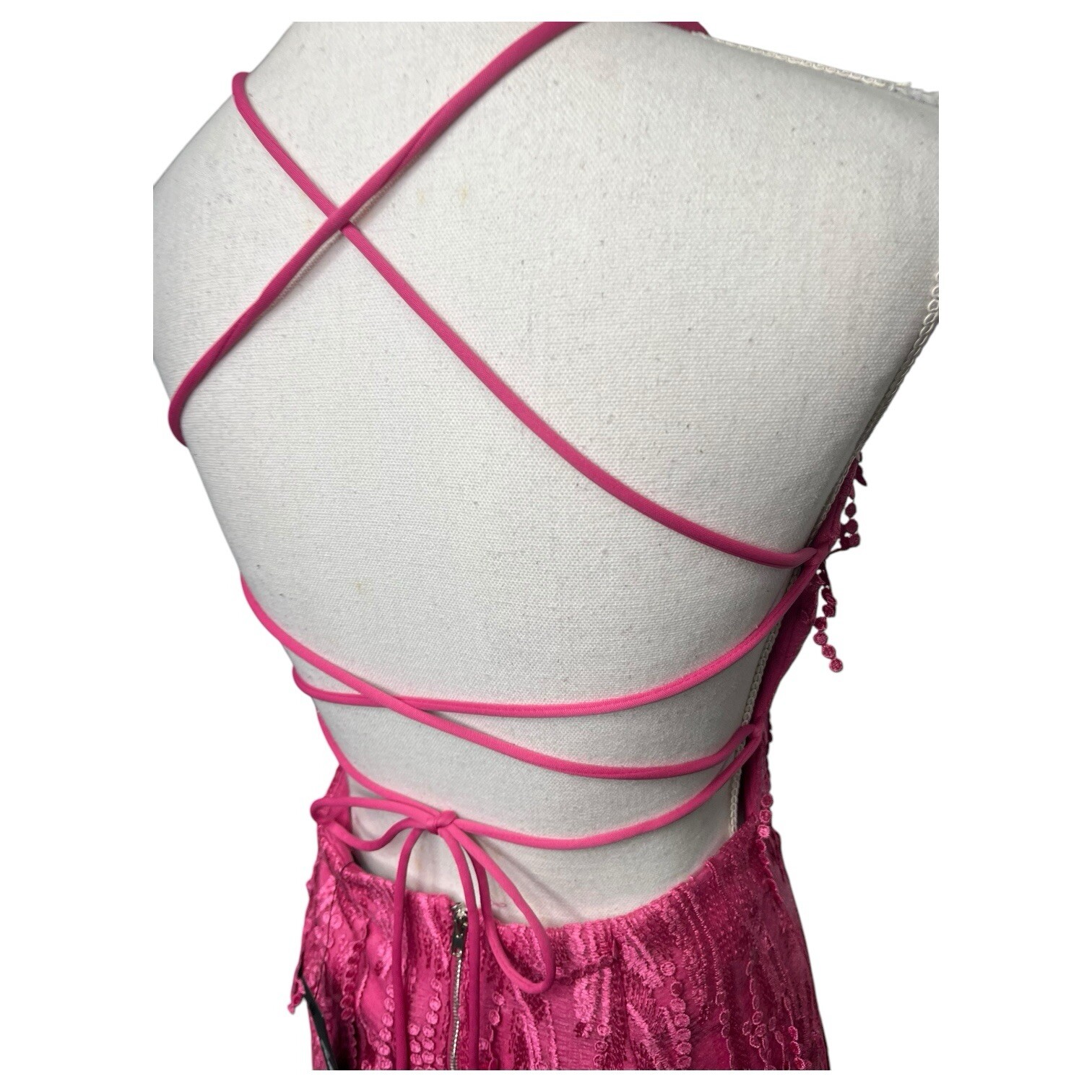 New Lulus Dress Womens M Making Magic Fringe Lace Up Mini Overlay Bright Pink