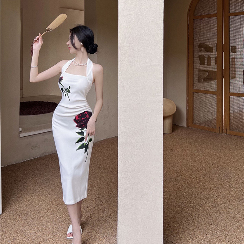 Women Sexy Open Back Mid Length Split Dress Summer Slim Fit Wrap Hip