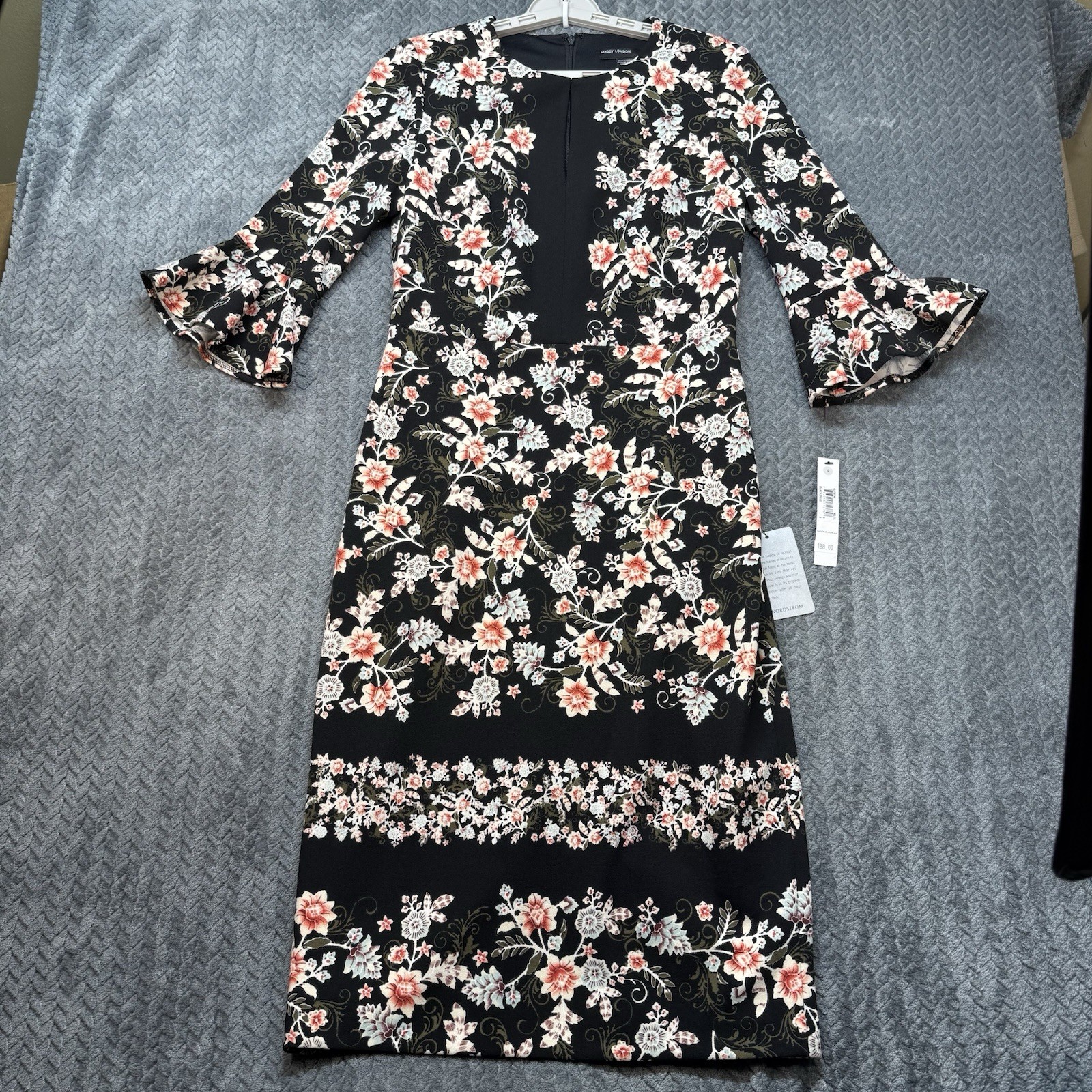 Maggy London Floral Pencil Dress Women Size 6 Zip Black Bell Sleeve NEW $138