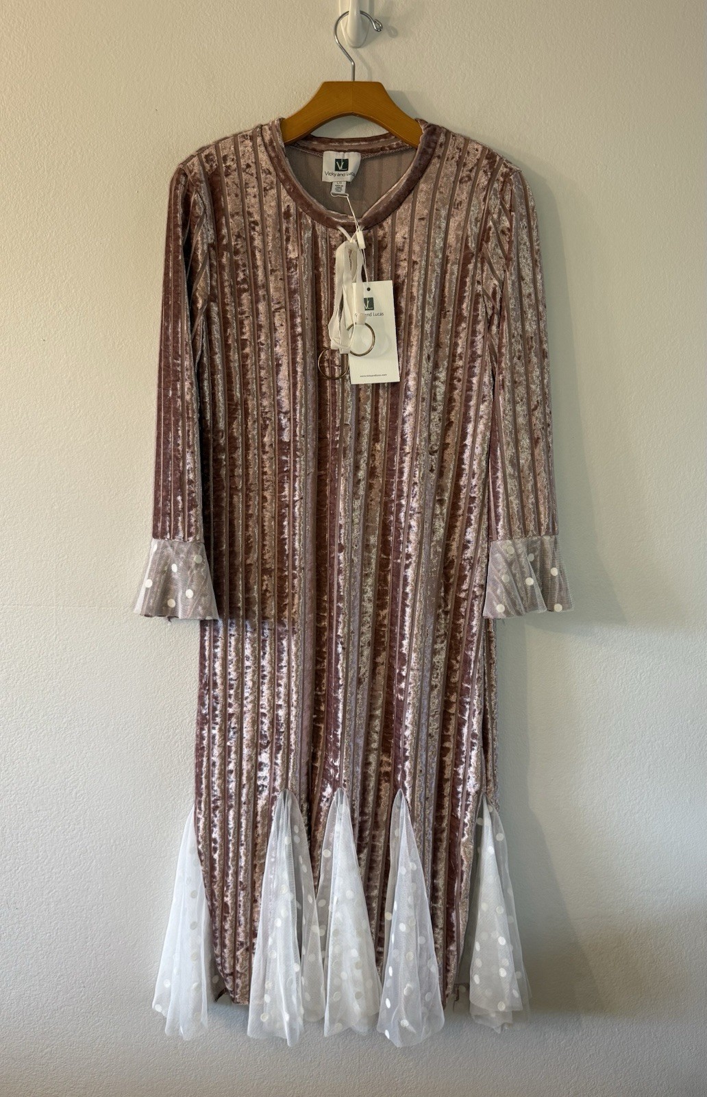NWT Vicky And Lucas Pink Velvet Midi Mermaid Dress White Polka Dot Tulle Large