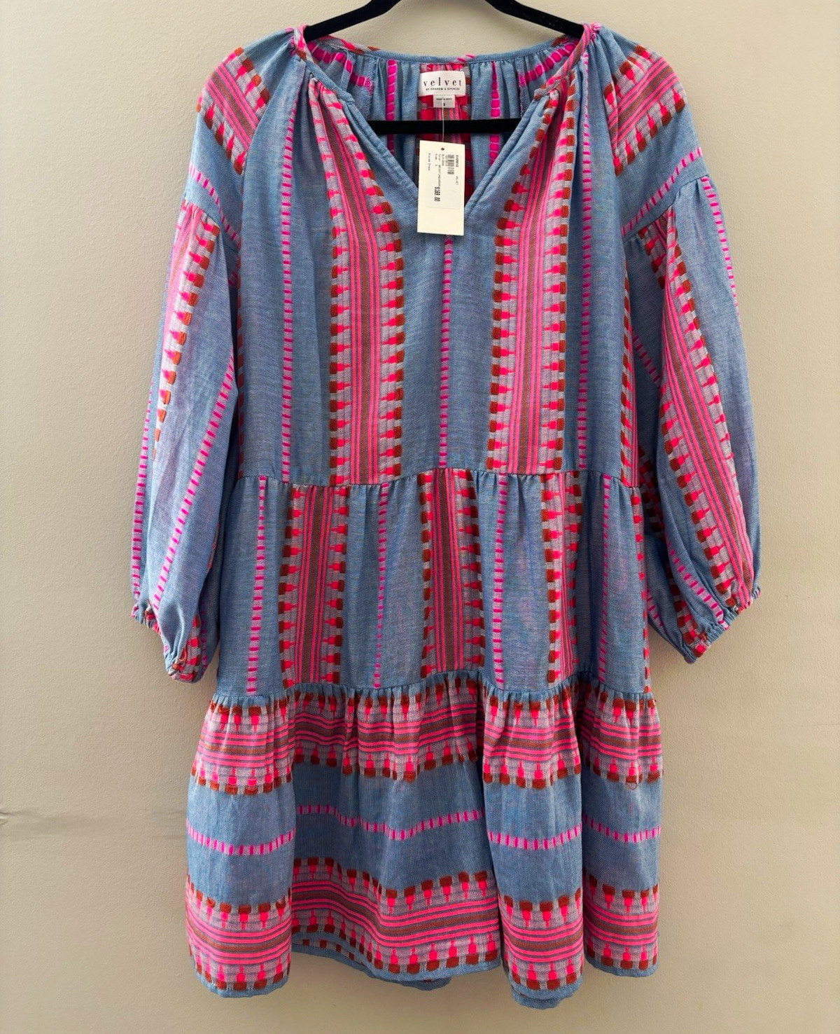 Velvet by Graham & Spencer Women’s S Blue Pink Striped V-Neck A-Line Dress SizeS