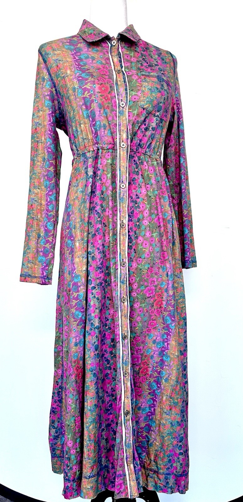 Button Down Brushed Cotton Knit Floral Dress LS NWT Raw Seam