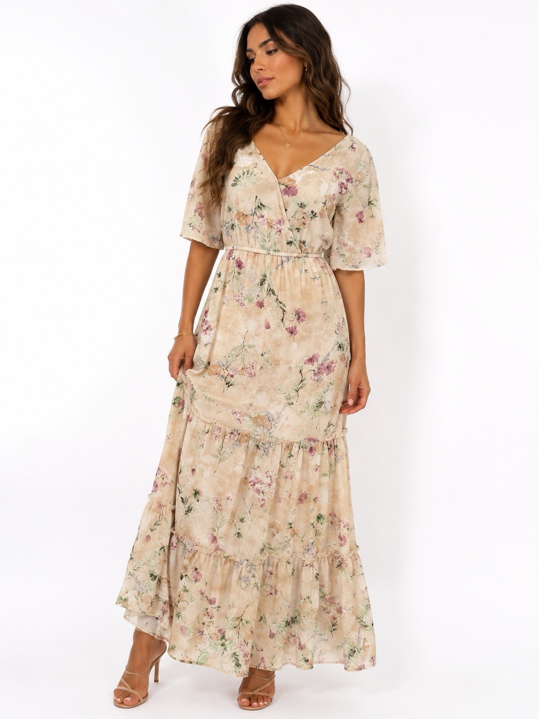 Beige Floral V-Neck Short Sleeve Rayon Tiered Ruffle Maxi Dress S