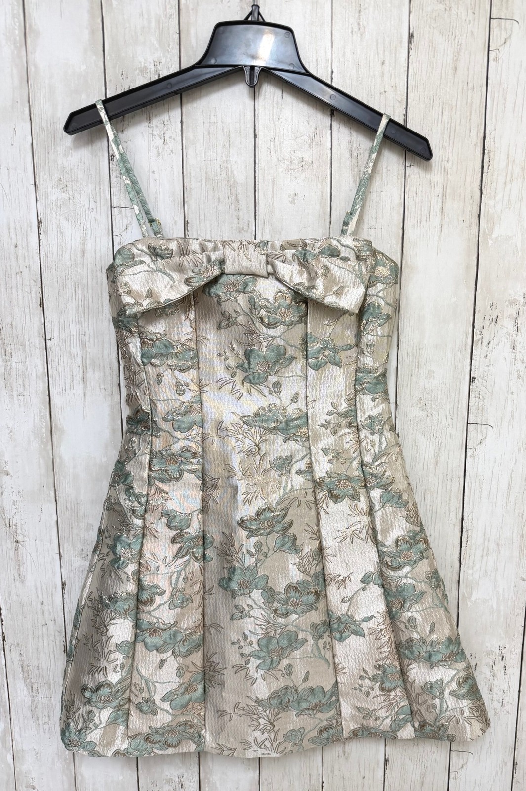 Violet Weekend Womens Mini Dress 4 Gold Green Metallic Floral Cocktail Party
