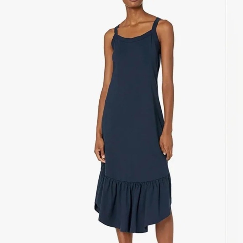 Ella Moss Mina Navy Blue Ruffle Hem Midi Dress Sleeveless Tank Knit Sz L