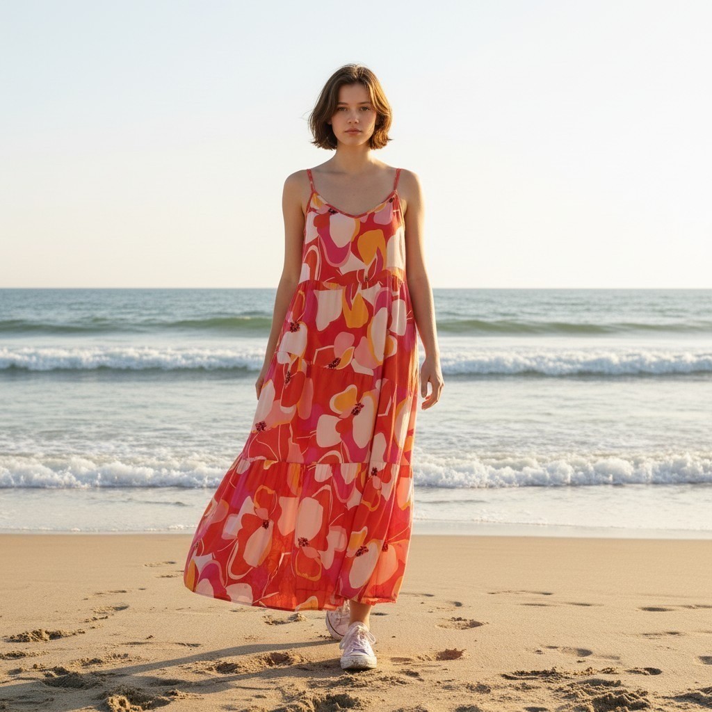 Anrabess Women’s Long Dress Beachy Floral Sleeveless Hawaiian Pink White Size XL