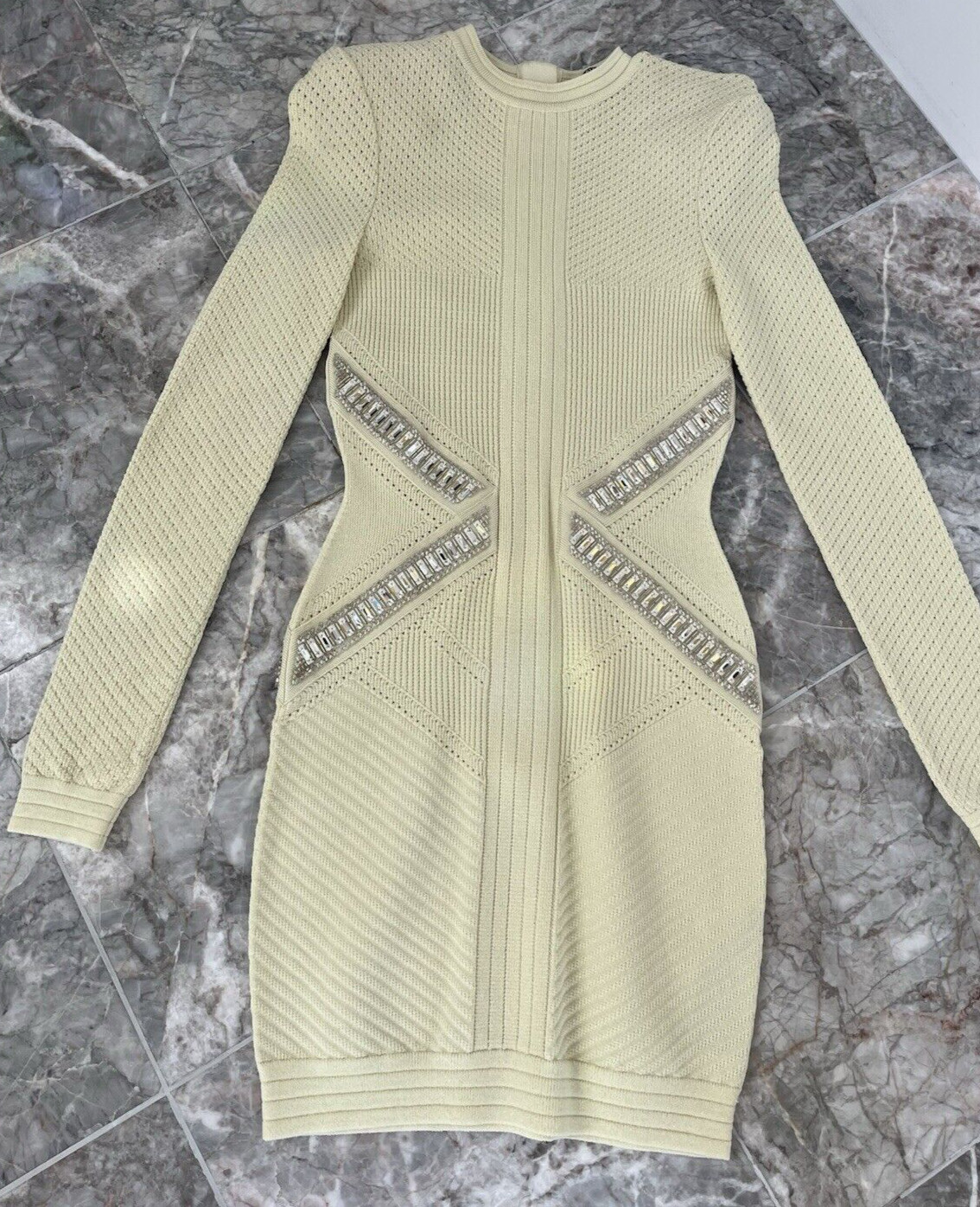 BALMAIN Pale Yellow Crystal Embellished Long Sleeved Dress FR 38 US 4