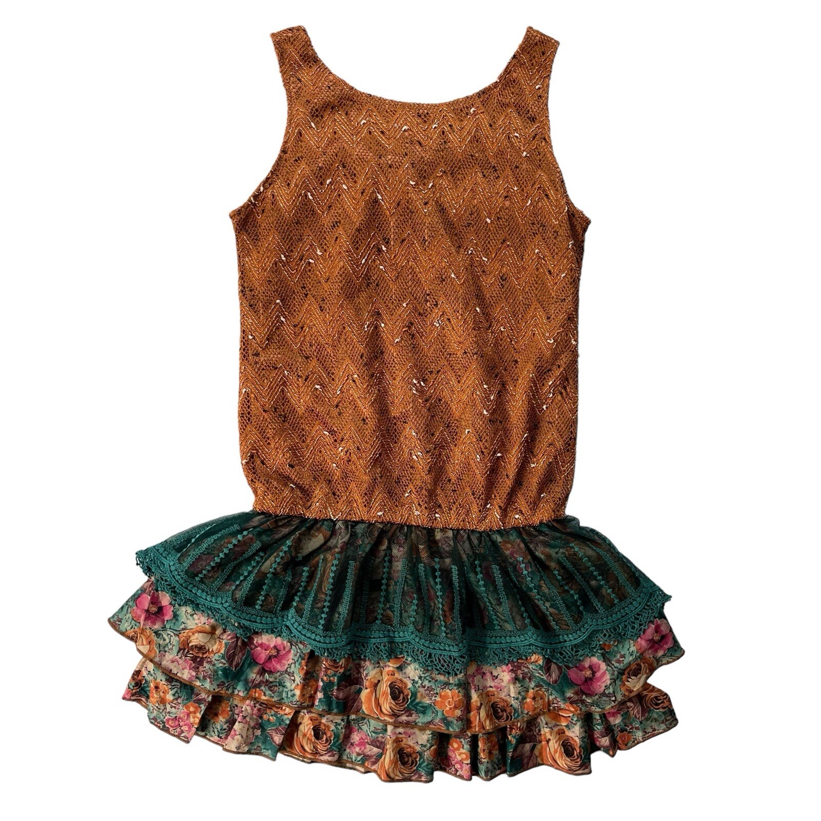He Juan Womens Medium Brown Teal Sequin Silk Knit Tank Ruffle Layered Mini Dress