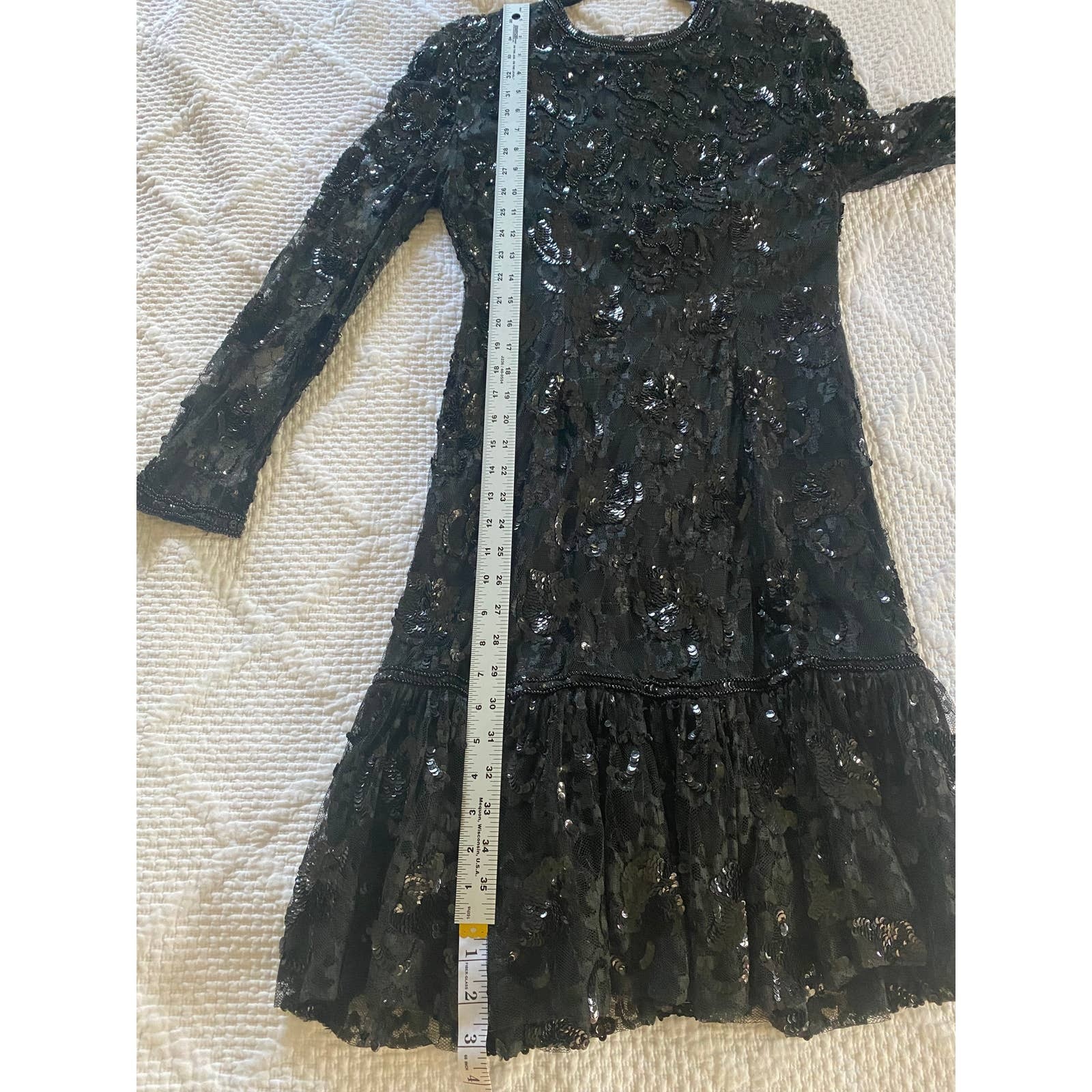 VINTAGE JUDITH ANN DRESS M BLACK SEQUIN BEADED TIERED RUFFLE SHEER MESH LACE