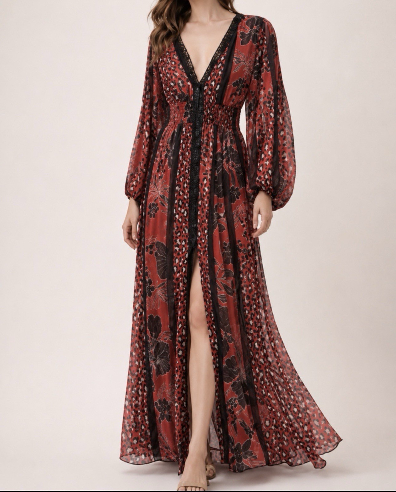 TOV Los Angeles Red Floral Faux Leather Trim Boho Sheer Flowy Sexy Maxi 42 M/L